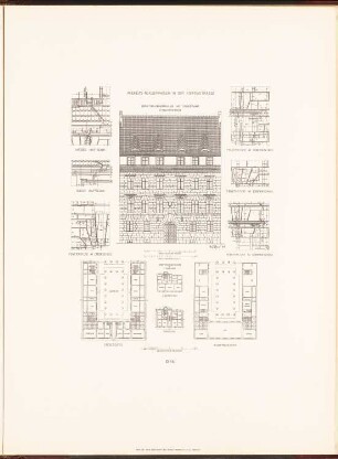 Andreasrealgymnasium in der Koppenstraße, Berlin: Grundriss EG, 3.OG Schulhaus, Grundriss EG, 1.OG, Ansicht, Detail Rektorenwohnhaus (aus: Neubauten der Stadt Berlin, Bd. V, 1907)