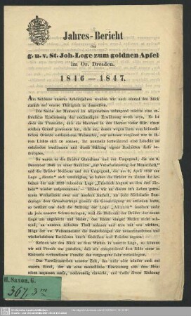 1846/47: Jahresbericht der Loge Zum Goldenen Apfel im Orient Dresden : auf die Zeit ..