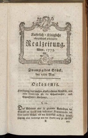 Zwanzigstes Stück; den 18ten May. Wien, 1775.