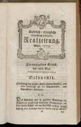 Zwanzigstes Stück; den 18ten May. Wien, 1775.