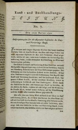 Kunst- und Buchhandlungs-Zeitung. No. 7. Den 2ten Julius 1790.