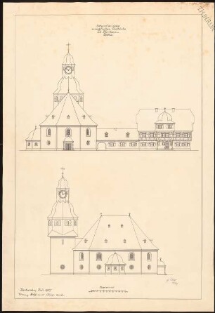 Evangelische Dorfkirche mit Pfarrhaus: Ansichten 1:100