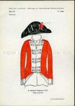 Uniformdarstellung, Detailstudie Uniformrock und Kopfbedeckung des 8. Infanterie-Regiments, Kurfürstentum Hannover, 1797.