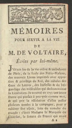 Mémoires Pour Servir A La Vie De Voltaire, Écrits par lui-même.