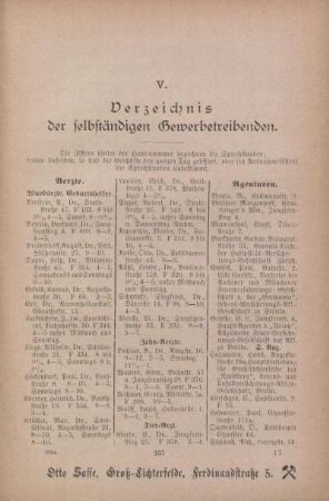 V. Verzeichnis der selbständigen Gewerbetreibenden