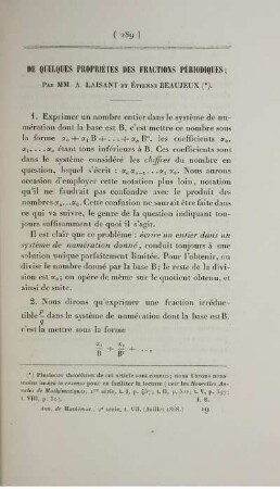 Dequelques propriétés des fractions périodiques.