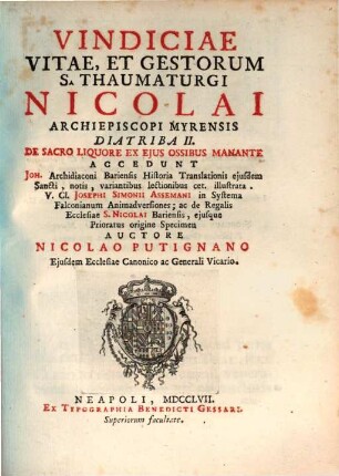 Vindiciae Vitae, Et Gestorum S. Thaumaturgi Nicolai Archiepiscopi Myrensis, 2