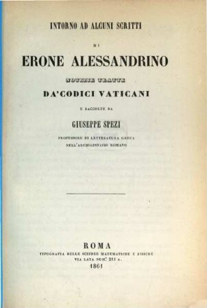 Intorno ad alcuni scritti di Erone Alessandrino notizie tratte da'codici Vatirani
