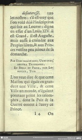 Superbe inscription du Louvre, & raisonnemens là dessus Bonheur de la France soit en la Paix, soit en la guerre