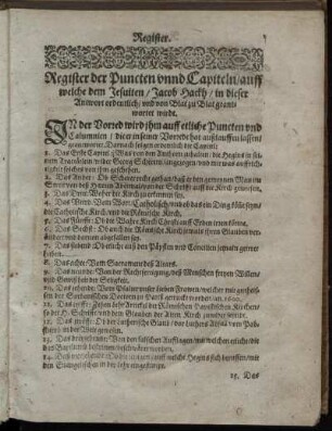 Register der Puncten unnd Capiteln, auff welche dem Jesuiten, Jacob Hackh, in dieser Antwort ordentlich, und von Blat zu Blat geantwortet wirdt.