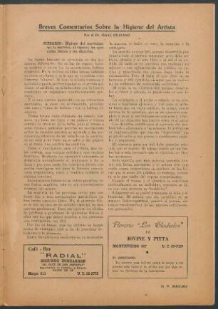 Breves Comentarios Sobre la Higiene del Artista : Sumario: Higiene del movimiento ; la marcha ; el reposo ; los ejercicios fisicos y los deportes.