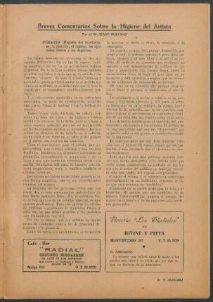 Breves Comentarios Sobre la Higiene del Artista : Sumario: Higiene del movimiento ; la marcha ; el reposo ; los ejercicios fisicos y los deportes.