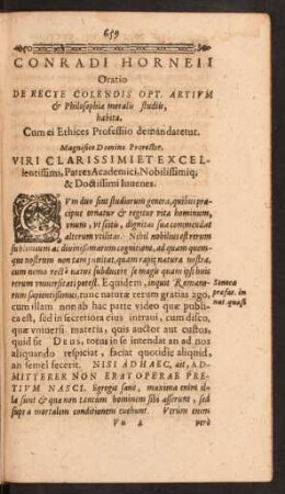 Conradi Horneii Oratio De recte Colendis Opt. Artium ...