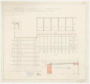 Landhaus Gurewitz, Berlin-Spandau: Eingangsüberdachung Draufsicht 1:20, 2 Schnitte 1:10