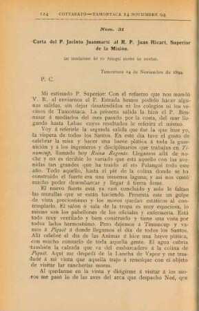 Núm. 31. Carta del P. Jacinto Juanmartí al R. P. Juan Ricart, Superior de la Misión