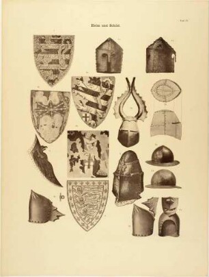 15 Darstellungen von Helmen und Schilden Deutscher Ritter des Mittelalters