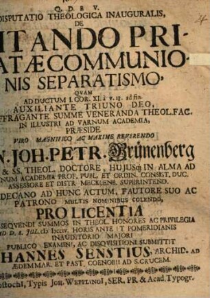 Disputatio Theologica Inauguralis, De Vitando Privatæ Communionis Separatismo