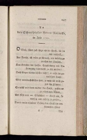 An den Schauspieler Herrn Reinecke, im Jahr 1780. - Epistel an Herrn Pastor Koch,[...]
