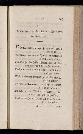 An den Schauspieler Herrn Reinecke, im Jahr 1780. - Epistel an Herrn Pastor Koch,[...]