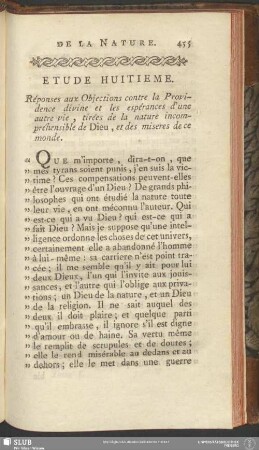 Etude Huitieme. Réponses aux Objections contre la Providence divine et les espérances d'une autre vie, tirées de la nature incompréhensible de Dieu, et des miseres de ce monde