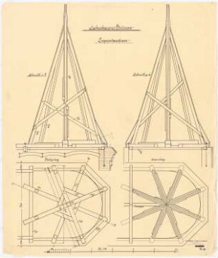 Kranken- und Siechenhaus, Brüssow Gültiger Ausführungsentwurf: Treppenhausturm, Schnitte, Balkenlage, Sparrenlage 1:20