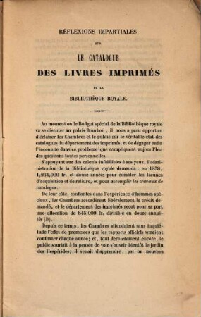 Réflexions impartiales sur le catalogue des livres imprimés de la Bibliothèque Royale