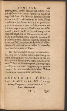 Explicatio Generalis, Articuli De Creatione, & capitum, pertinentium ad illum Articulum.