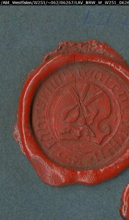 Siegler: Warendorf, Schmiede-Zunft Überlieferungsart: Abdruck. Stoff: Lack Farbe: rot Form: rund. Durchmesser: 36 mm