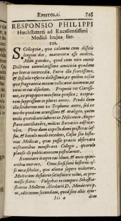 Responsio Philippi Hœchstetteri ad Excellentissimi Medici huius literas.