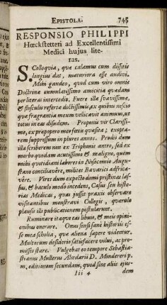Responsio Philippi Hœchstetteri ad Excellentissimi Medici huius literas.
