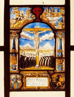 Stifterscheibe mit Wappen der Nürnberger Familie Wagenseil und einem unbestimmten Wappen. Zentrum: Christus am Kreuz, von der Stifterfamilie umgeben, Oberlicht: Hl. Georg und Fußsalbung Jesu