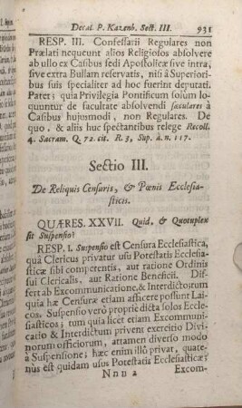 Sectio III. De Reliquis Censuris, & Poenis Ecclesiasticis.