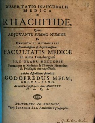 Dissertatio Inauguralis Medica De Rhachitide
