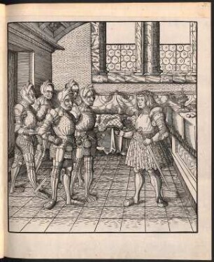 Der junge Weißkunig erlernt von Gefolgsleuten die italienische Sprache : Beck, Leonhard (Inventor): Der junge Weißkunig erlernt von Gefolgsleuten die italienische Sprache, Bl. 21. Holzschnitt; 264 x 225 mm (Blattgröße). 1510-1515. Aus: Maximilian, Kaiser I. Treitzsaurwein, Marx [Bearb.]. Burgkmair, Hans [Ill.]: Der Weiß-Kunig: [eine Erzählung von den Thaten Kaiser Maximilian des Ersten] ; [Zusammenstellung der ersten Probeabzüge von den Holzschnitten aus dem 16. Jahrhundert]. Dresden: SLUB S.B.563