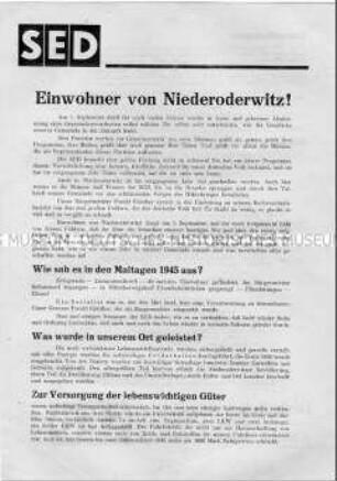 Propagandaflugblatt der SED-Ortsgruppe Niederoderwitz mit Kandidatenliste und Aufruf zur Wahl ihrer Kandidaten bei den Gemeindewahlen 1946