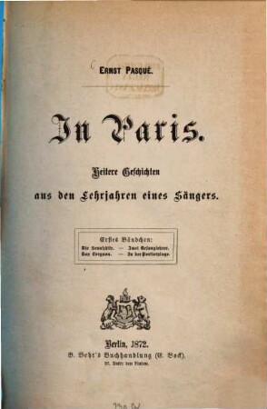 In Paris : Heitere Geschichten aus den Lehrjahren eines Sängers, 1