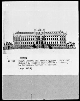 Entwürfe für Schloß Wilhelmshöhe bei Kassel, erster Vorschlag — Aufriß der Fassade