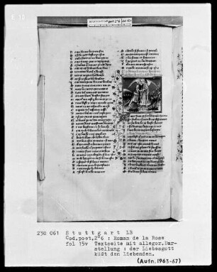 Guillaume de Lorris und Jean de Meun, Roman de la Rose sowie Le Testament und le Codicile von Jean de Meun — Der Liebesgott küßt den Liebenden, Folio 15verso
