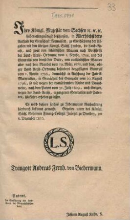 Ihro Koenigl. Majetät von Sachsen etc. etc. etc. : Gegeben ... zu Dresden, am 8. December 1810