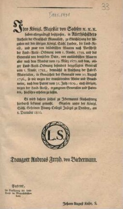 Ihro Koenigl. Majetät von Sachsen etc. etc. etc. : Gegeben ... zu Dresden, am 8. December 1810