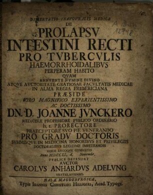 Dissertatio Inavgvralis Medica De Prolapsv Intestini Recti Pro Tvbercvlis Haemorrhoidalibvs Perperam Habito