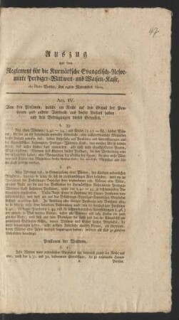 Auszug aus dem Reglement für die Kurmärksche Evangelisch-Reformirte Prediger-Wittwen- und Waisen-Kasse, de Dato Berlin, den 14ten November 1800.