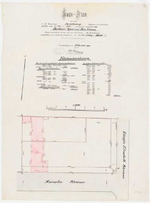 Siedlung Haeselerstraße, Berlin-Charlottenburg: Block 10, Haeselerstraße 14a-c: Lageplan 1:300, Flächenberechnung