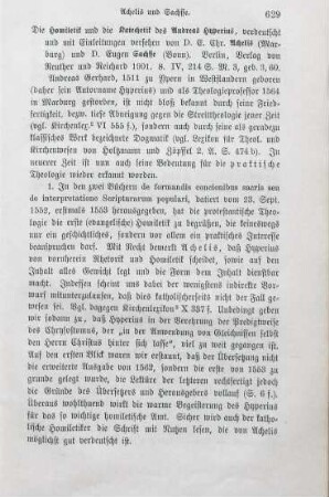 629-630 [Rezension] Hyperius, Andreas, Die Homiletik und die Katechetik des Andreas Hyperius