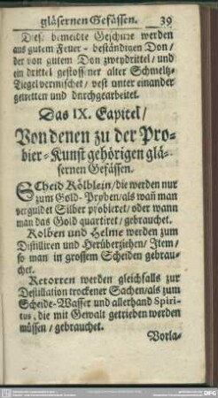 Das IX. Capitel, Von denen zu der Probier-Kunst gehörigen gläsernen Gefässen