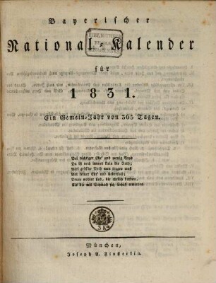 Bayerischer National-Kalender : für .... 1831