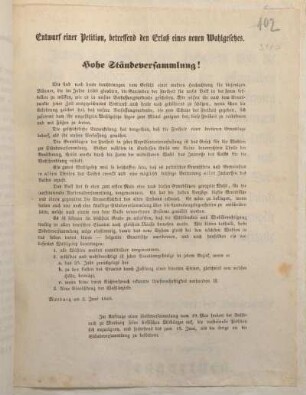 Entwurf einer Petition, betreffend den Erlaß eines neuen Wahlgesetzes.