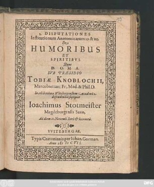 2. Disputationes Institutionum Anatomicarum 19. & 20. De Humoribus Et Spiritibus