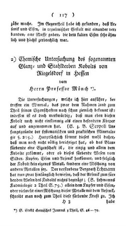 2) Chemische Untersuchung des sogenannten Glanz- und Stahlderben Kobolts von Riegelsdorf in Hessen vom Herrn Professor Mönch.