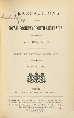 Transactions of the Royal Society of South Australia : incorporating the Records of the South Australian Museum. 14. 1890/91